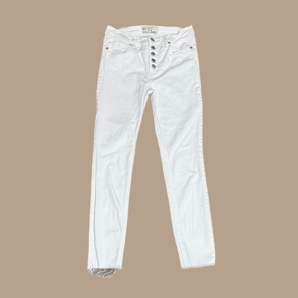 Free People Women’s White Exposed Button-Fly Mid-Rise Skinny Jeans Raw Hem Sz 28